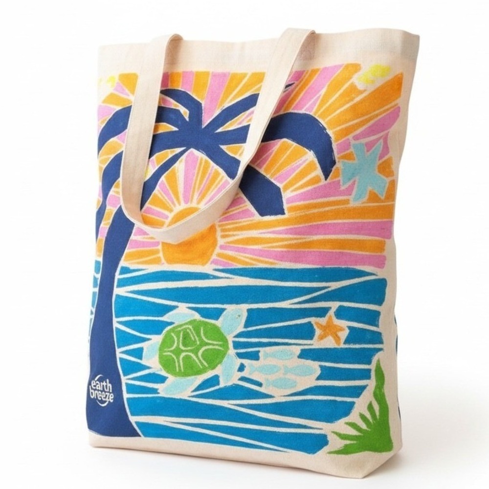 Earth Breeze‎ Canvas Tote Bag Tropical Sea Turtle Palm Tree Graphic Cream Blue